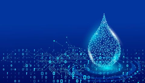 A digital water droplet formed from data points and binary code