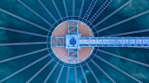 Circular clarifier tank at a water treatment works