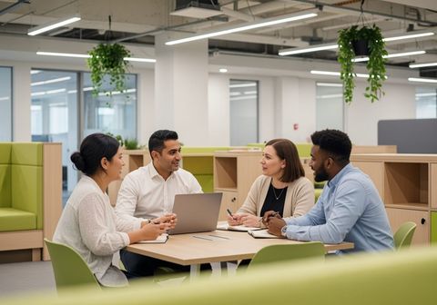 Colleagues collaborating around a table in a modern office