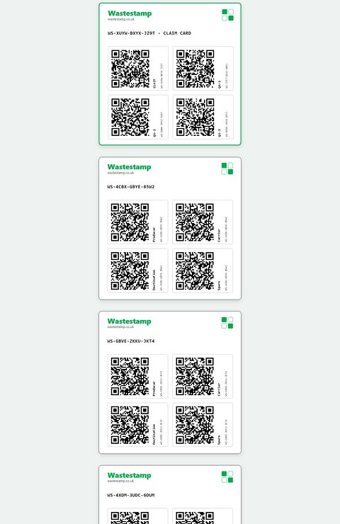 A pack of Wastestamp transfer stamps for producer, carrier and destination