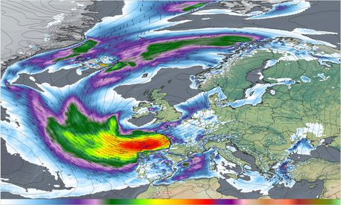 Precipitation and wind forecast chart showing a storm system tracking towards the UK