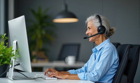 A customer service advisor smiling while working at a computer with a headset